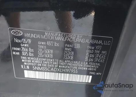 2020 Hyundai Santa Fe Limited z USA, uszkodzony, nr VIN 5NMS5CADXLH197955